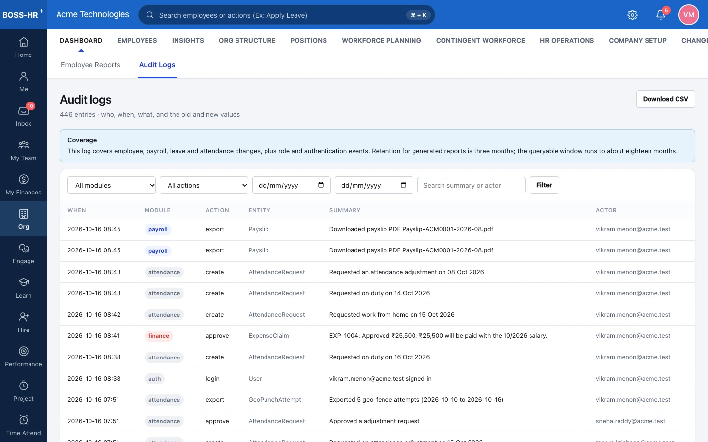 BOSS HRMS Audit logs screen
