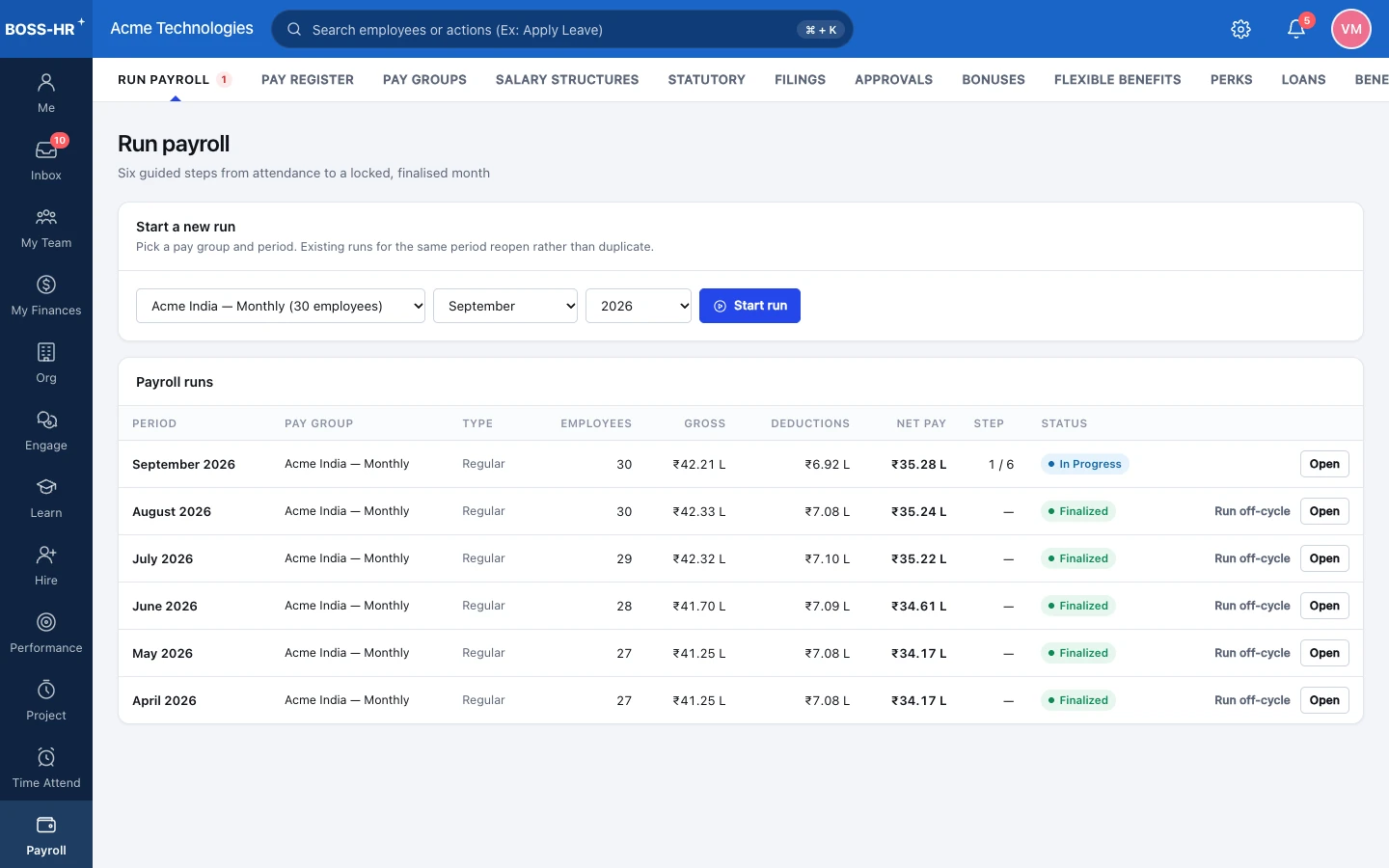 BOSS HRMS Run payroll screen