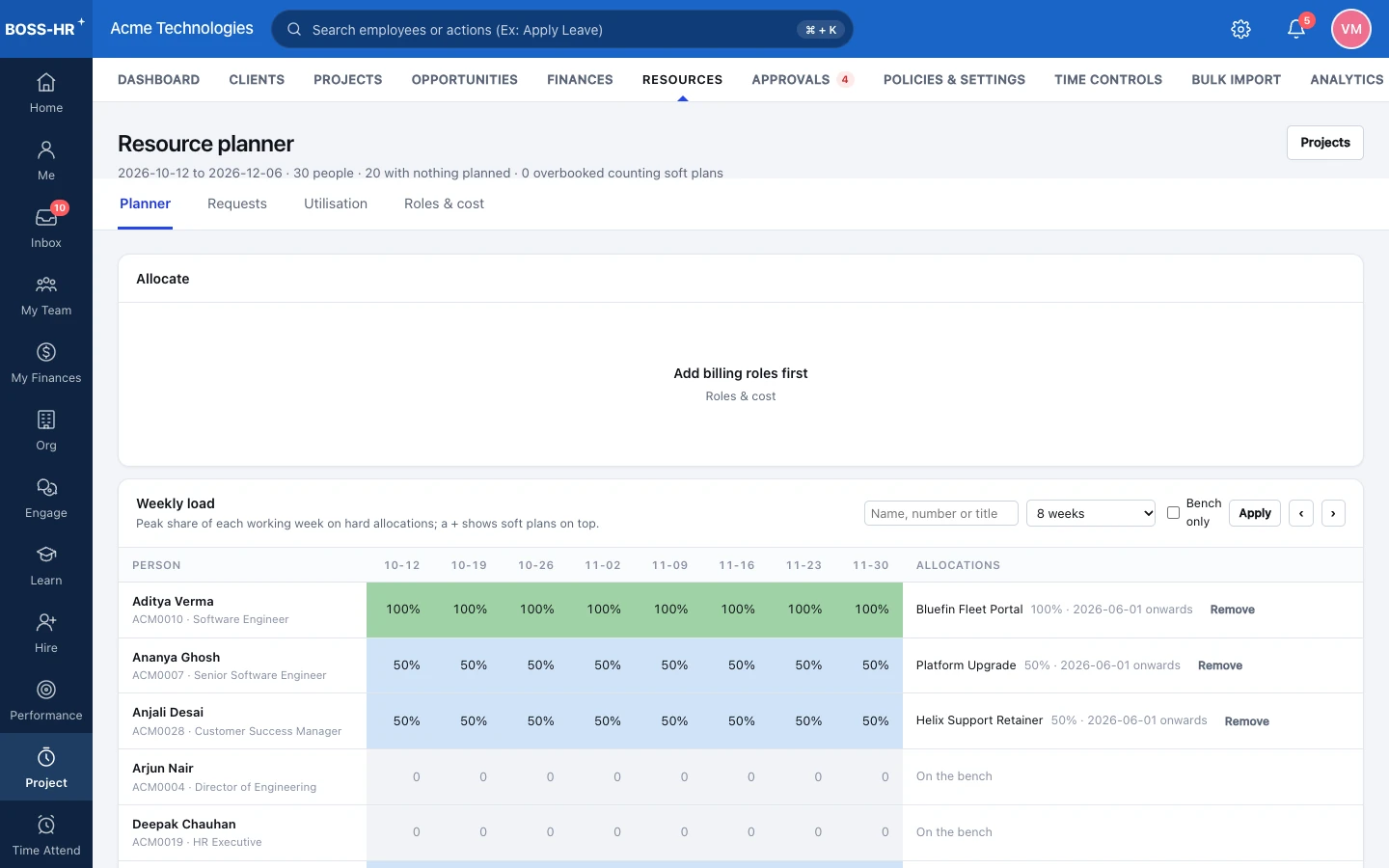 BOSS HRMS Resource planner screen