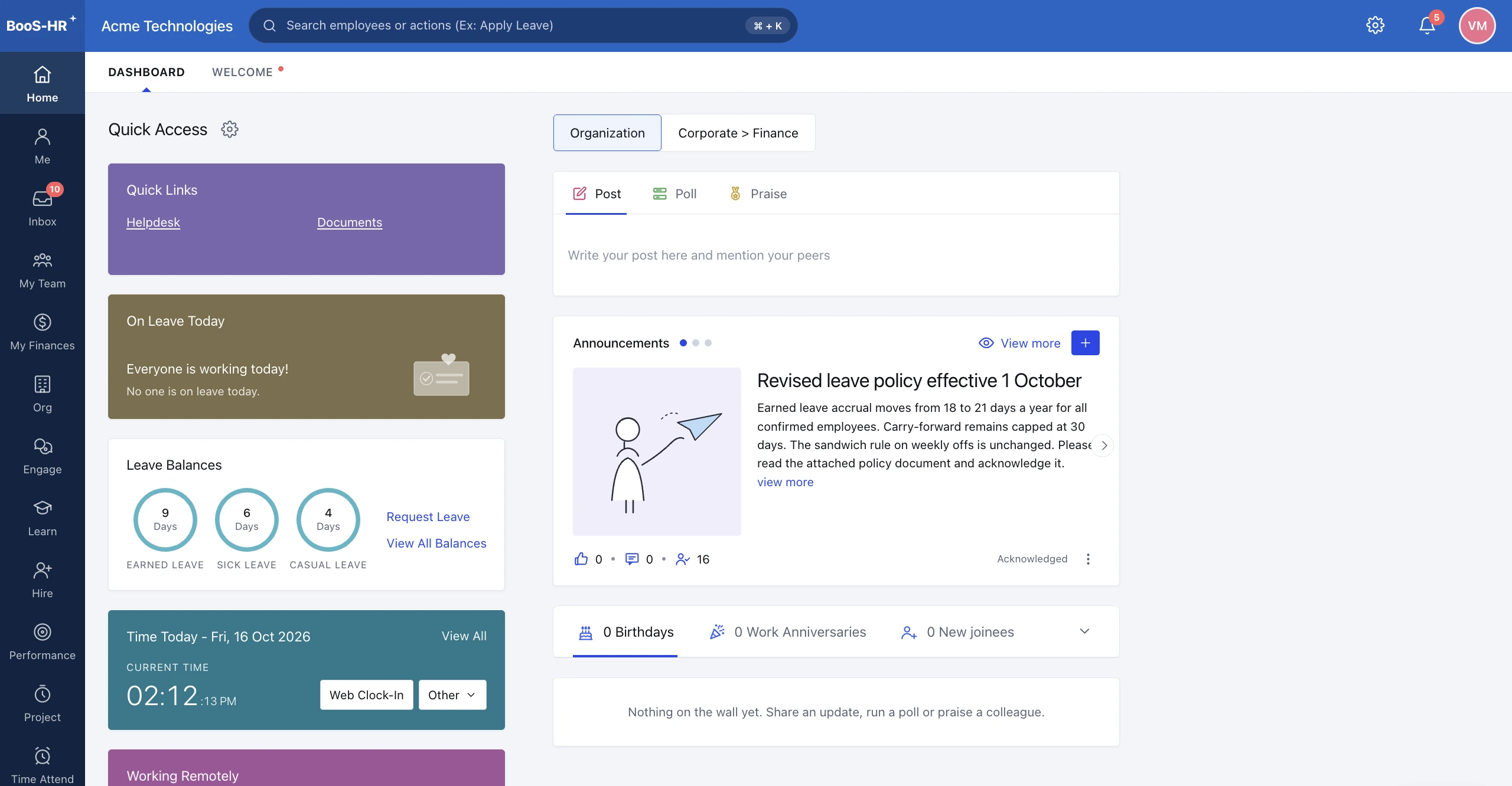 BOSS HRMS Employee home screen