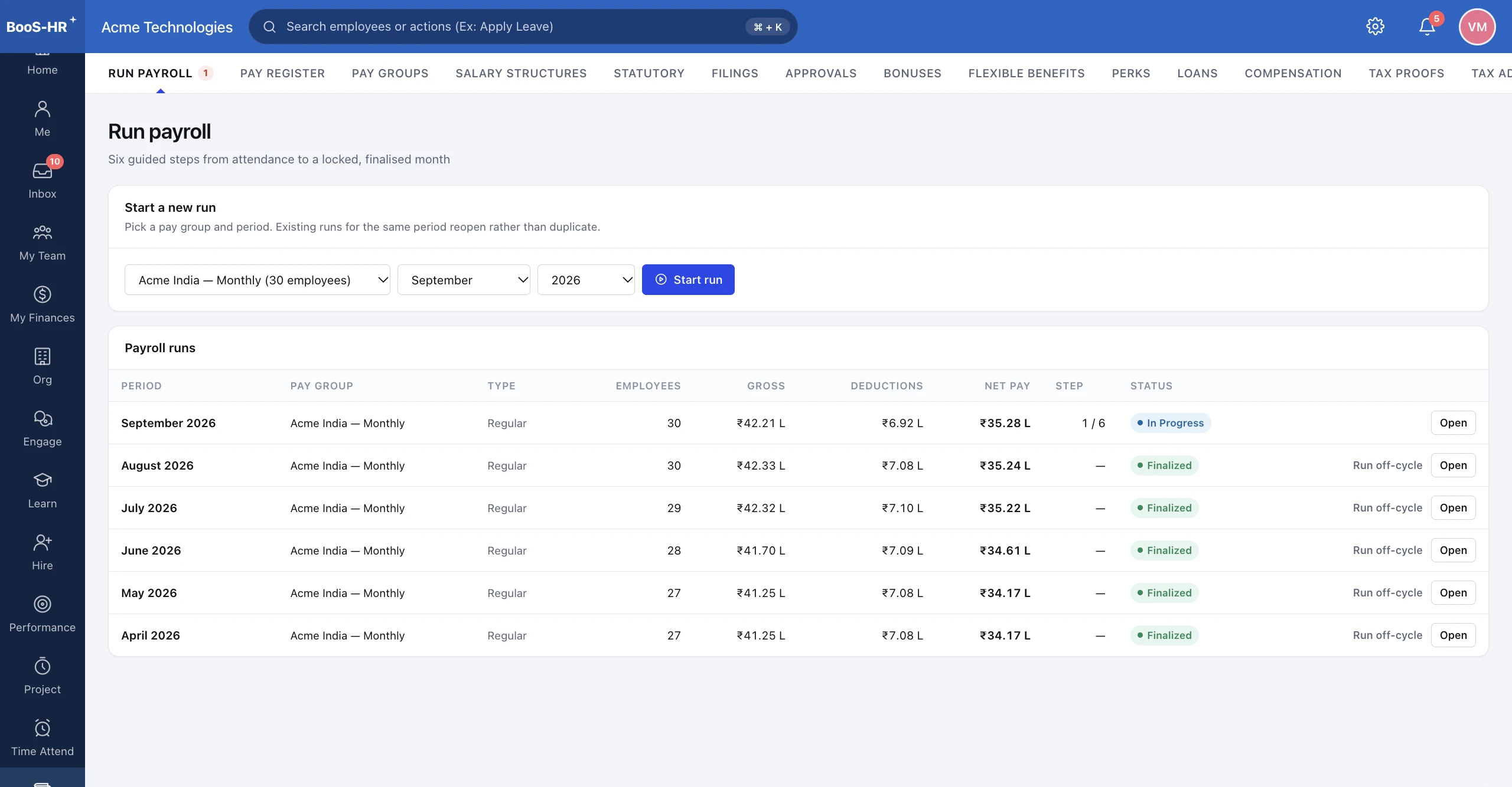 BOSS HRMS Run payroll screen