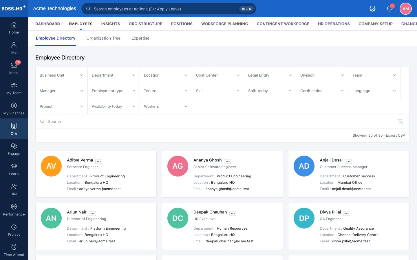BOSS HRMS Employee directory screen
