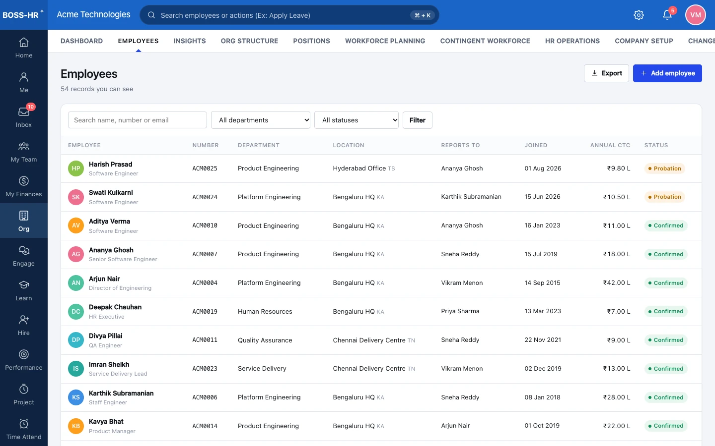 BOSS HRMS Employees screen