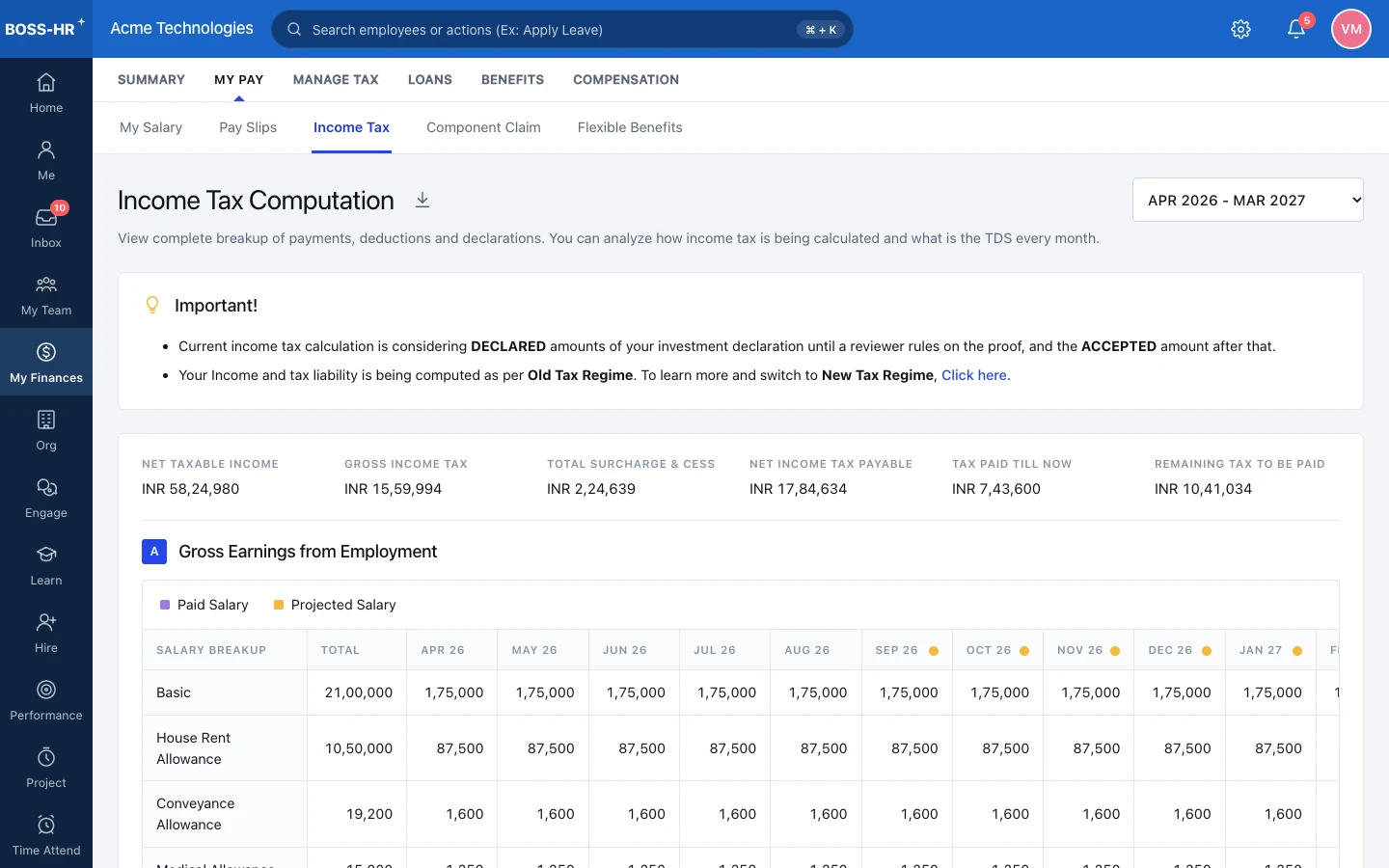 BOSS HRMS Income tax computation screen