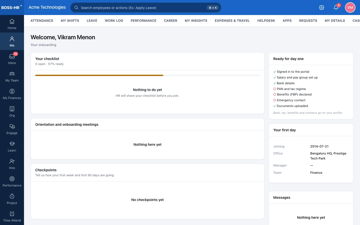 BOSS HRMS Welcome & first-day checklist screen